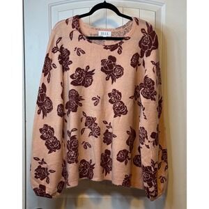 ELLE Women's XXL Peach Rose Print Long Sleeve Sweater Cozy Knit Pullover Top#‎